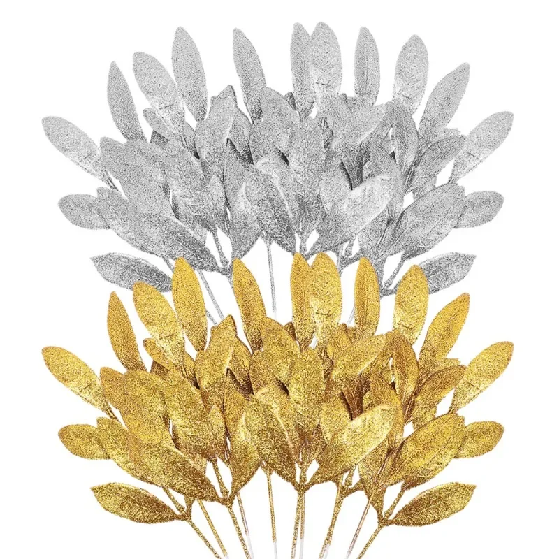 Christmas Wreath Fake - 10PCS Tallo de hoja artificial brillante,